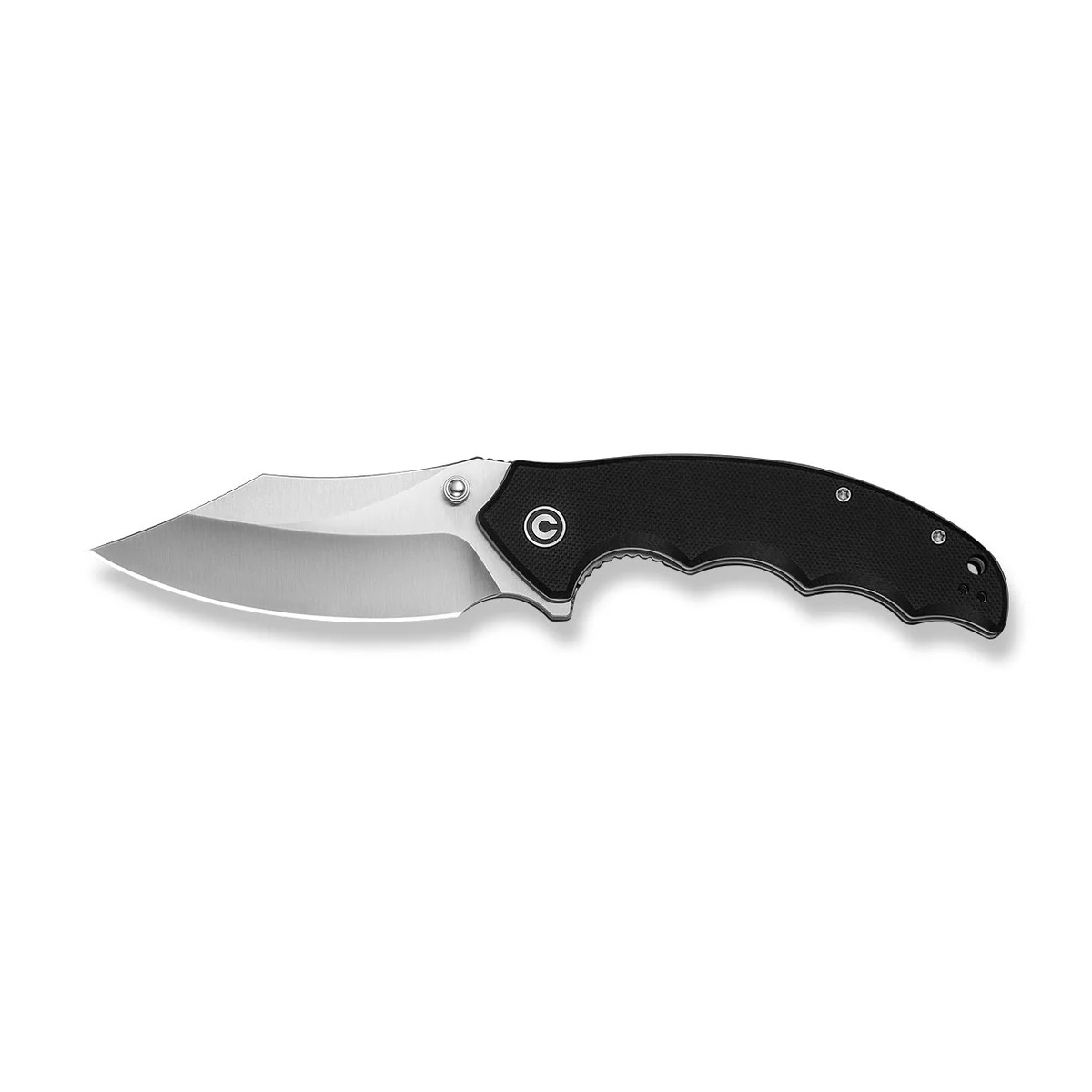 Folding knife with a curved stainless blade and black textured handle shown in an open position? (informative)