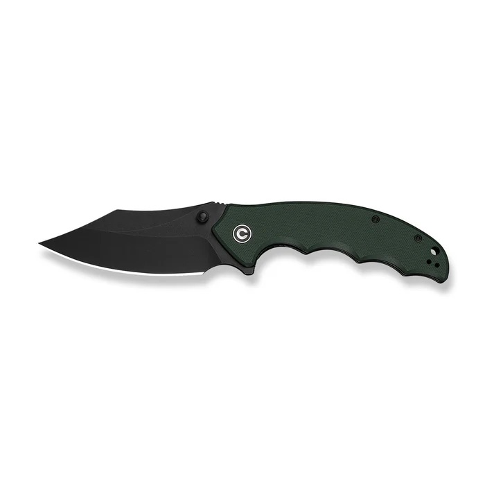 Folding knife with a dark blade and green textured handle shown in profile.