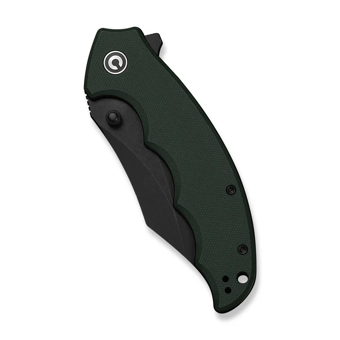 Green textured folding knife with black blade, partially open, viewed from the left side.