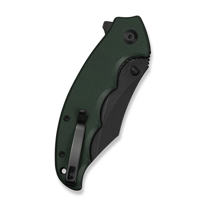 Green-handled folding knife in closed position, with black blade partially visible and pocket clip.
