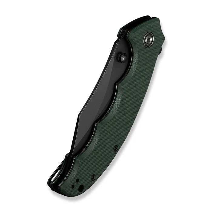 Closed folding knife with a dark blade and textured green handle.
