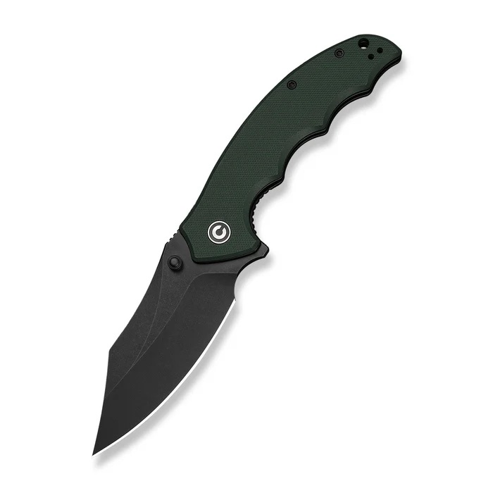 Folding knife with a green textured handle and a black curved blade, partially opened against a white background.