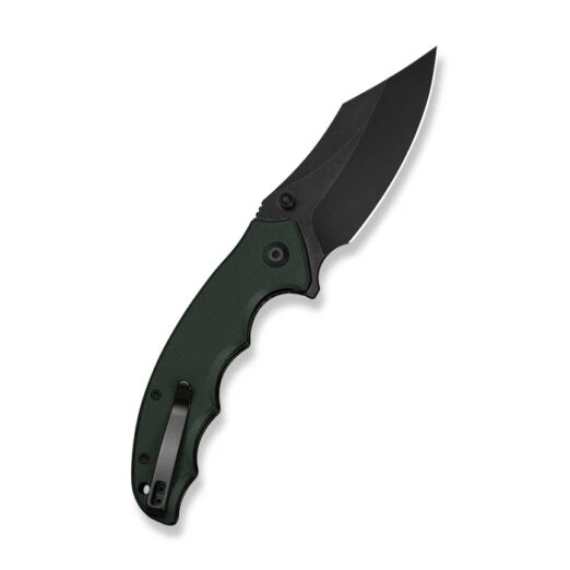 Folding knife with a green textured handle and a black blade opened to expose the drop-point blade