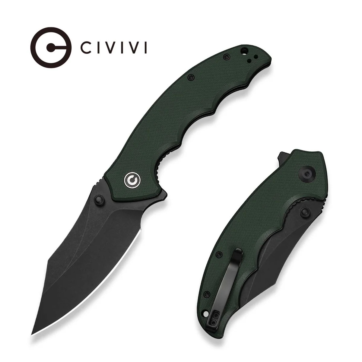 Two views of a Civivi folding knife with a green textured handle, one blade extended and one folded against the handle—black blade and dark hardware.