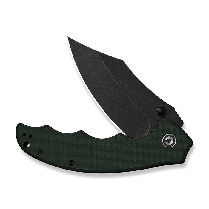 Folding knife with a black blade partially opened above a dark green textured handle.