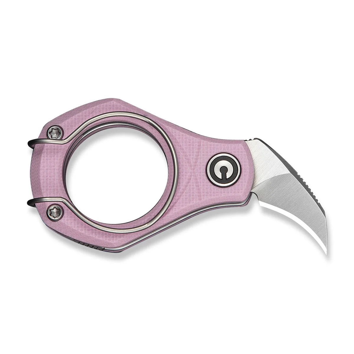 Pink folding pocket knife with a circular ring handle and curved silver blade attached to the front edge.