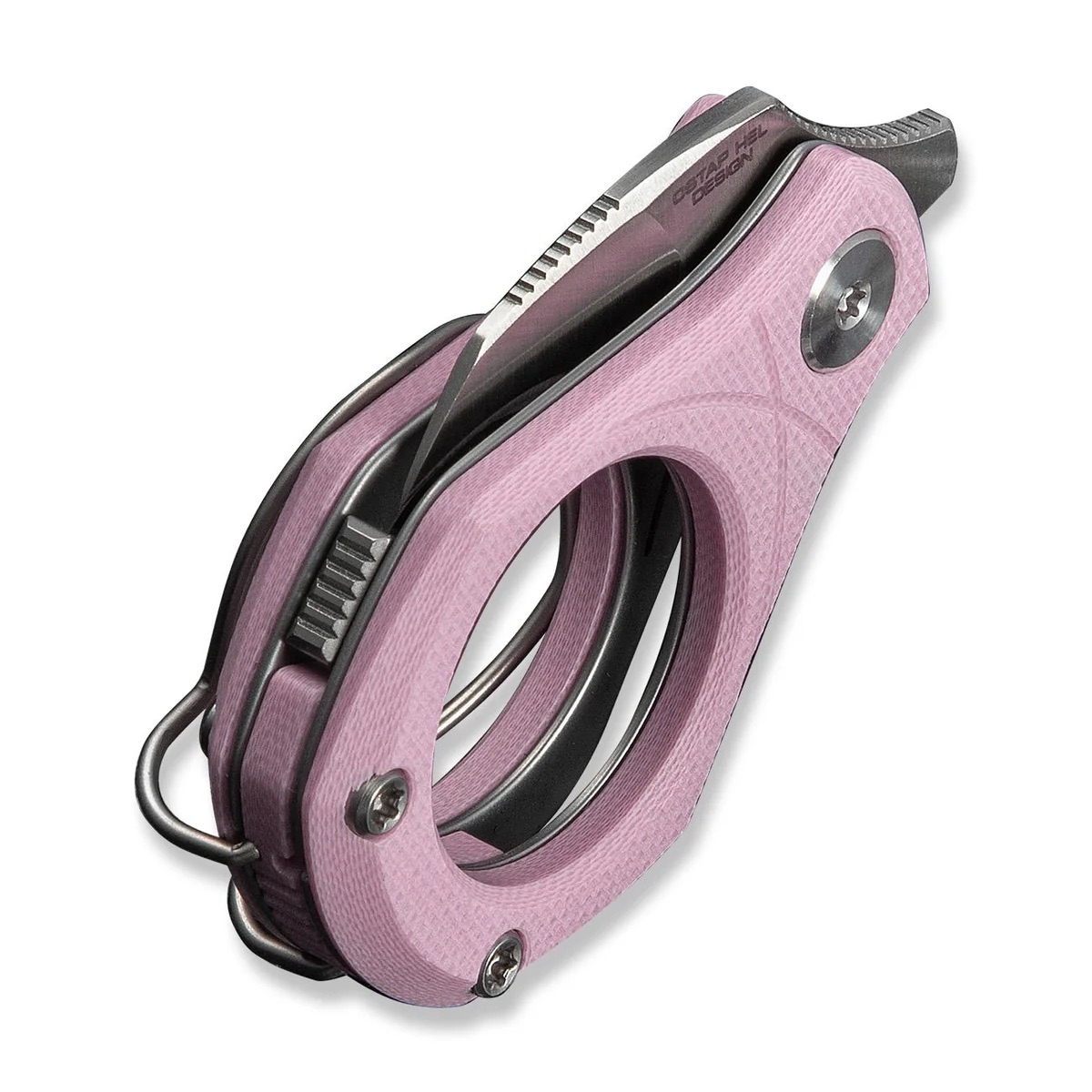 Pink circular safety cutter with a retractable blade and metal locking mechanism.