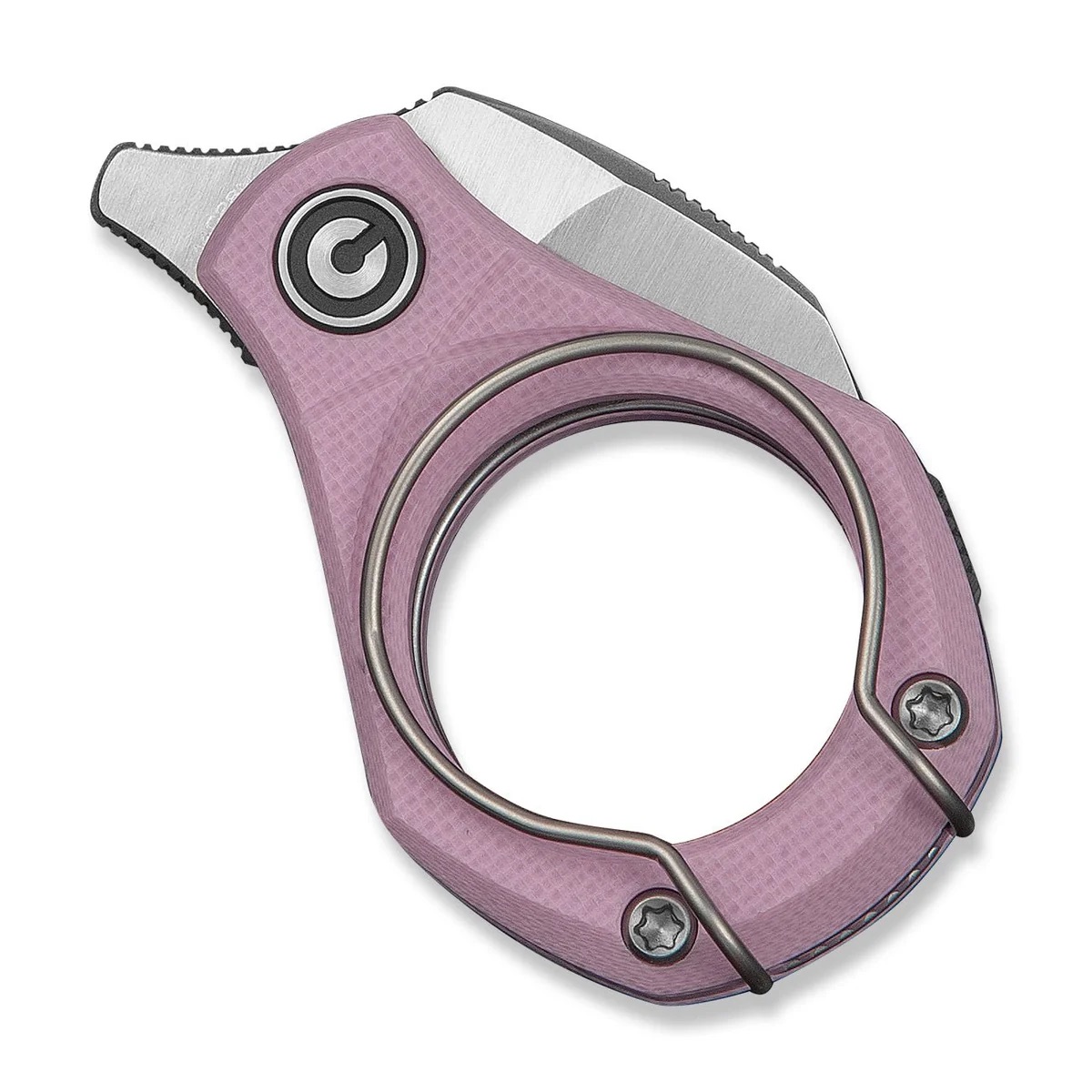 Pink folding pocket knife with a circular finger ring and a partially exposed silver blade, viewed from above.