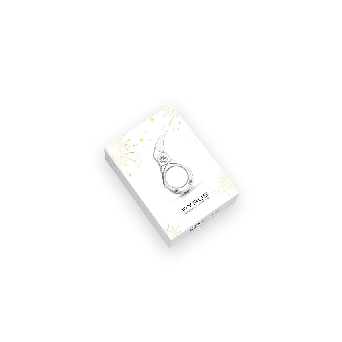 White PyrUS product box angled on a white background with gold burst patterns and a silver ring-like tool illustration on the front.
