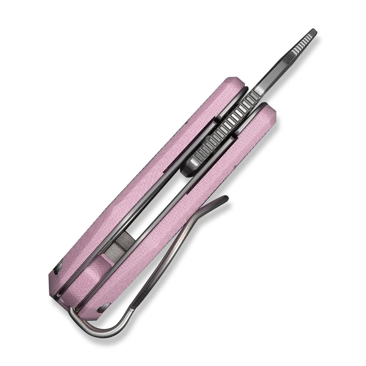 Pink retractable utility knife with a metal blade extended from the handle's front edge to cut materials