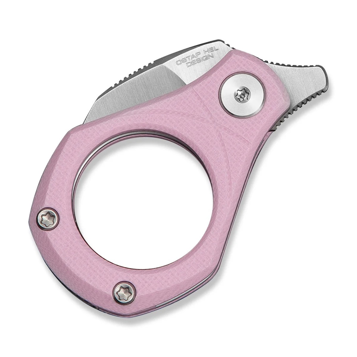 Pink ring-shaped handheld opener with a small serrated blade for cutting and opening items