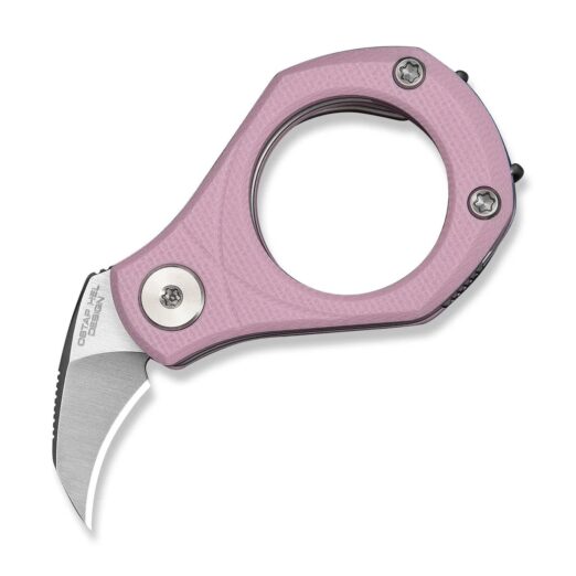 Pink folding pocket knife with a curved blade partially open, showcasing a textured handle and screws.