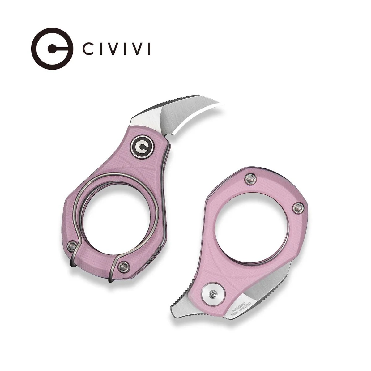 CIVIVI logo above two pink ring-handled folding knives with partially open blades and satin metal finishes.