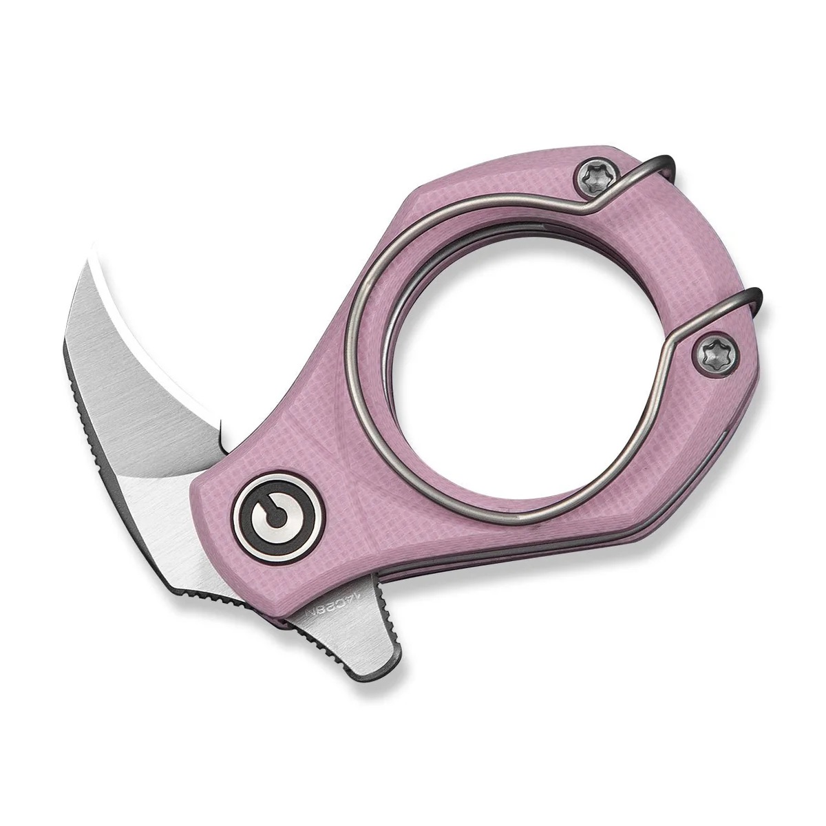 Pink folding utility knife with a curved, retractable blade extended to the left and a circular grip area for holding securely.