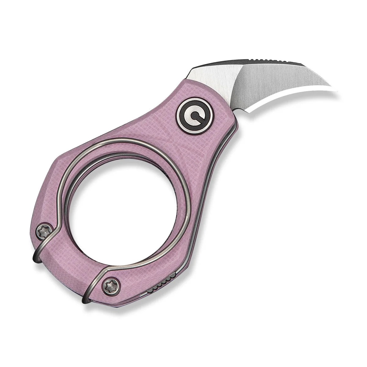 Pink compact folding utility knife with circular hand loop and exposed blade surface clearly visible on pink handle.