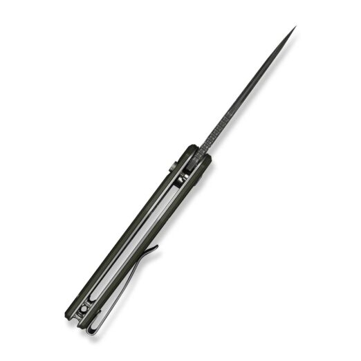 Switchblade knife with blade extended and dark handle, angled diagonally across a white background.