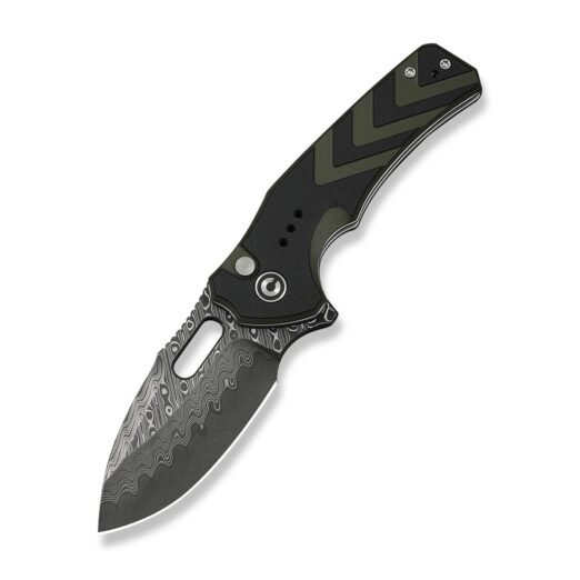 Folding knife with a patterned damascus-style blade and black-green handle, shown opened at an angle