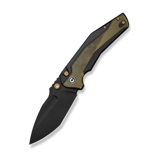 Open folding knife with a black blade and olive-green handle featuring gold-tone screws.