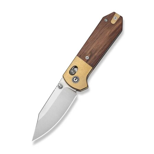 Folding pocket knife with a wood-grain handle and gold-toned bolster, blade extended for use.