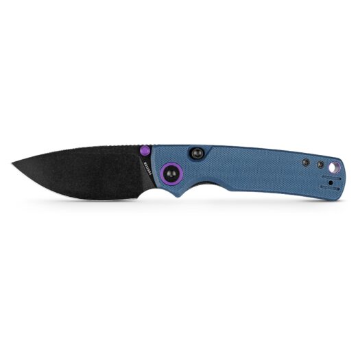 Blue textured folding pocket knife with a partially extended black blade and purple hardware accents.