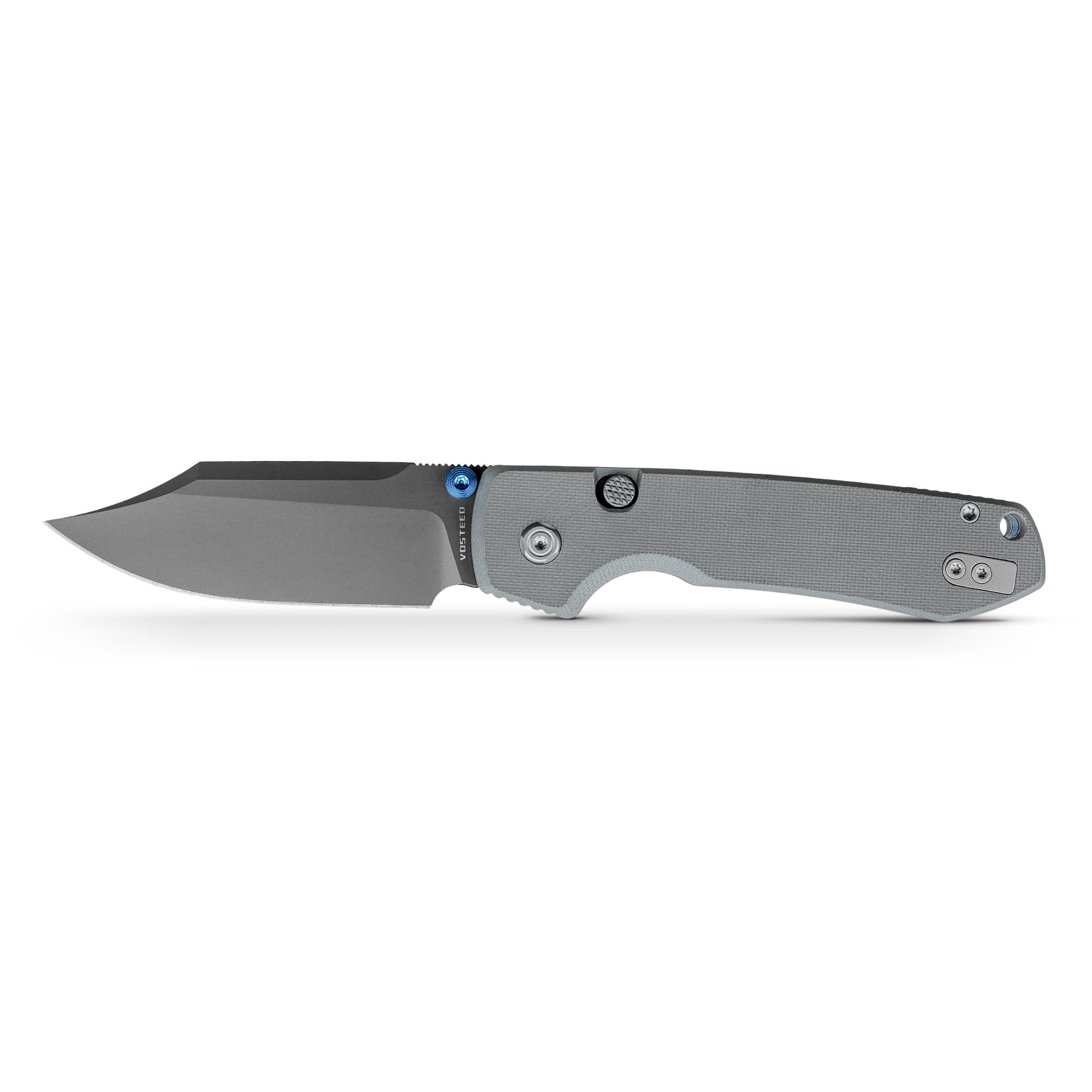Fully extended folding knife with gray textured handle and blue pivot near the blade's base on a white background, showing blade edge and screws.