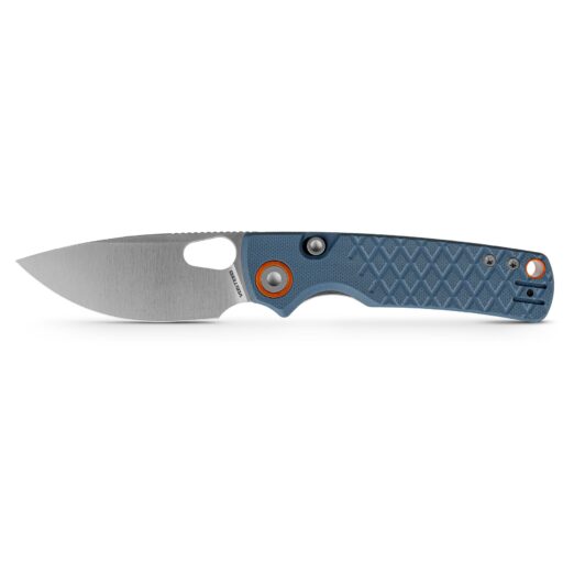 Partially opened blue folding knife with a silver blade extending to the left and orange-tinted pivot screws.