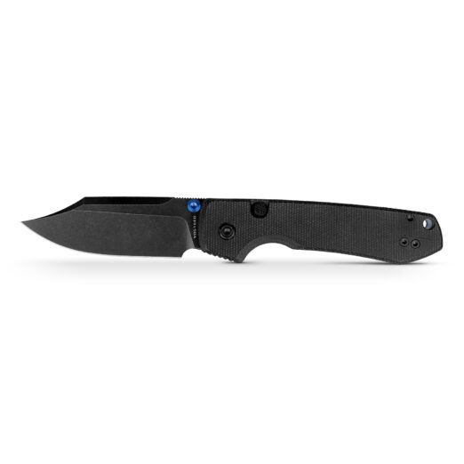 Black folding pocket knife with a textured black handle and partially extended blade on a white background