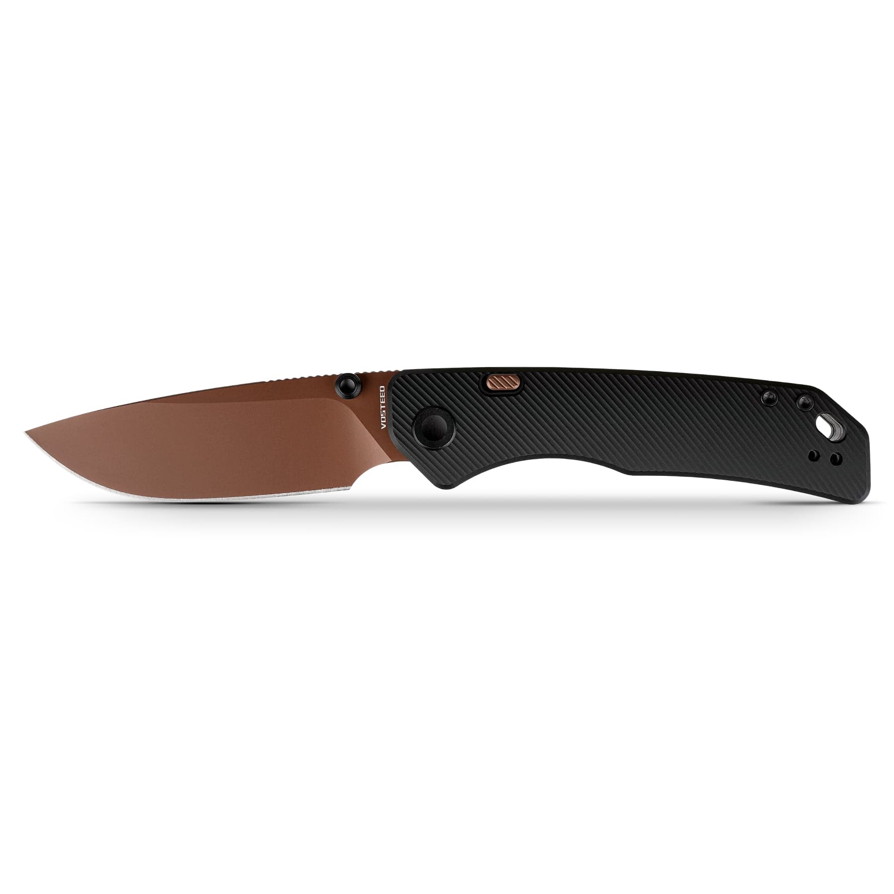 Partially extended bronze folding knife blade with a black textured handle and copper accents visible along the spine.