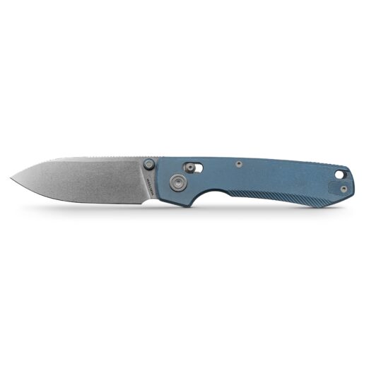 Partially opened folding knife with a blue handle and silver blade shown from the side on a white background