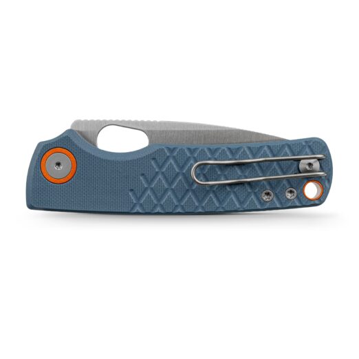 Blue textured folding knife with a partially exposed silver blade and orange pivots