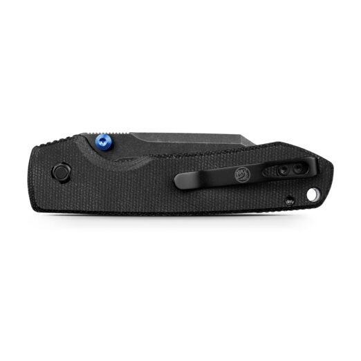 Close-up of a black textured folding knife handle with a blue screw and a dark metal pocket clip on the side or blade tang area.