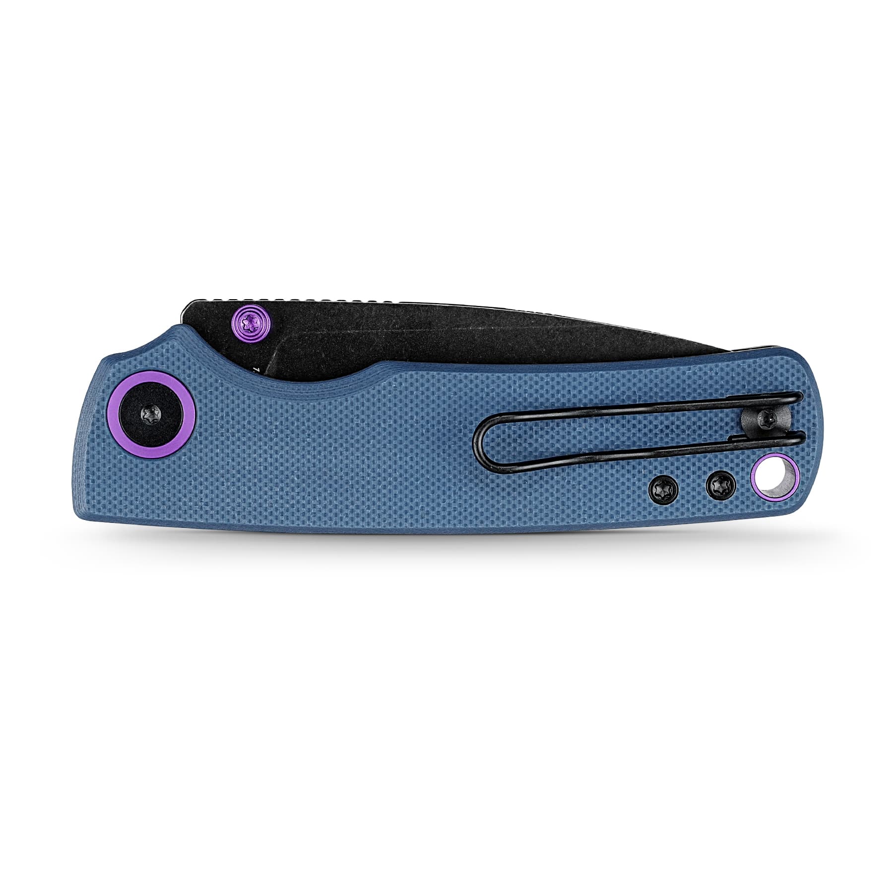 Blue textured folding knife handle with purple pivots and a partially visible black blade tucked inside.