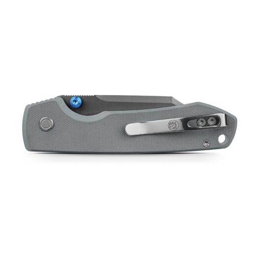 Close-up of a gray textured folding knife with a blue pivot screw and a metal pocket clip on the right side.