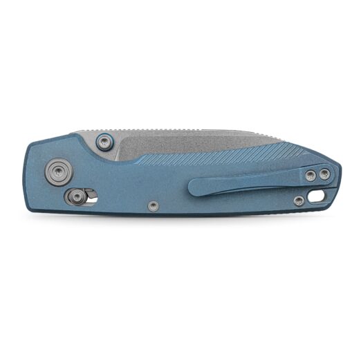 Close-up of blue folding knife handle with screws and a textured grip on a white background.