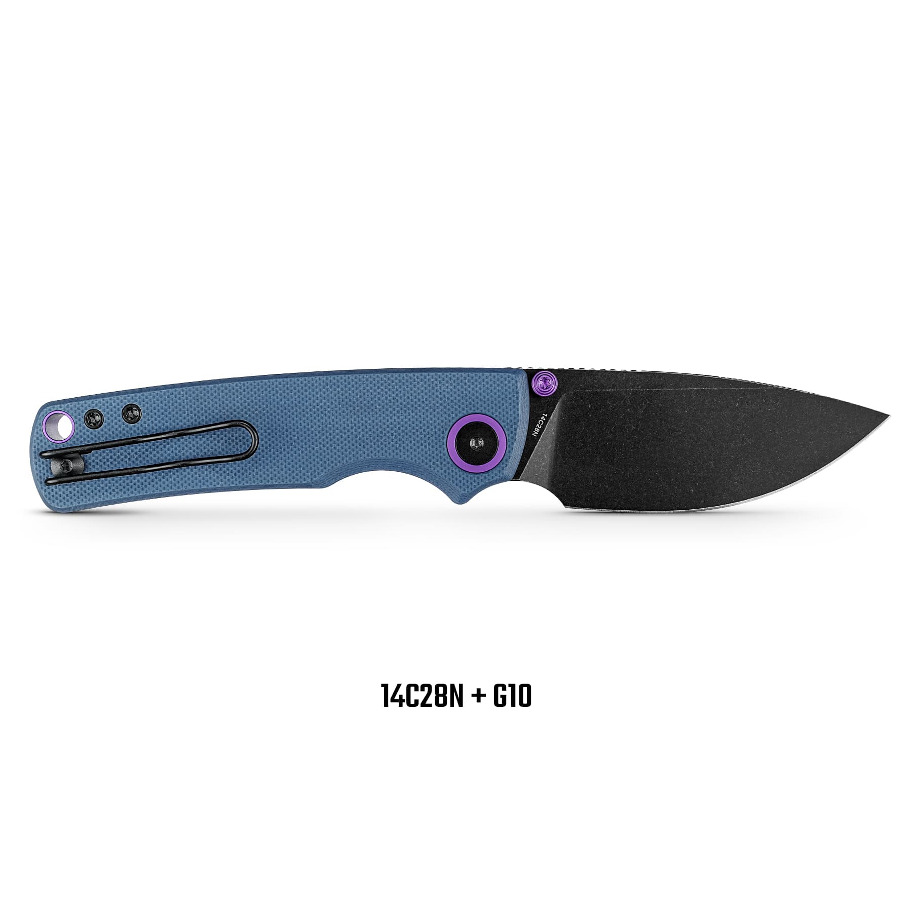 Blue textured folding knife with purple accents and a black blade, shown from the side with part of the blade exposed. The text 14C28N + G10 appears below.