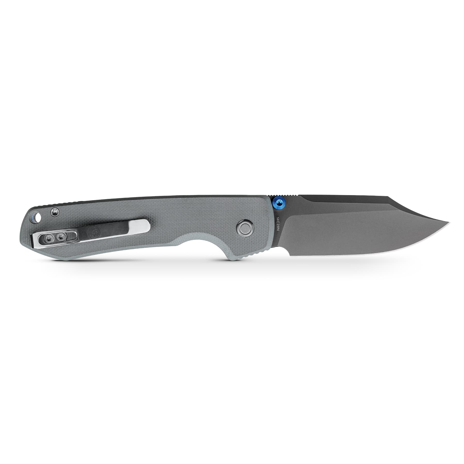Close-up of a gray folding knife shown from the side, with a textured handle and blue pivot screw.