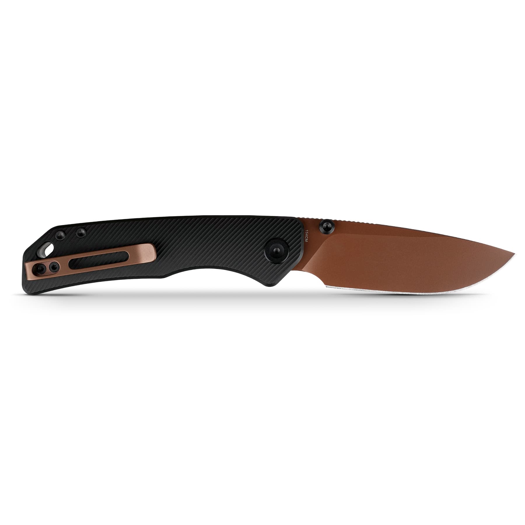 Close-up of a folding knife with a black carbon-fiber handle and bronze hardware, with a brown blade partially extended.