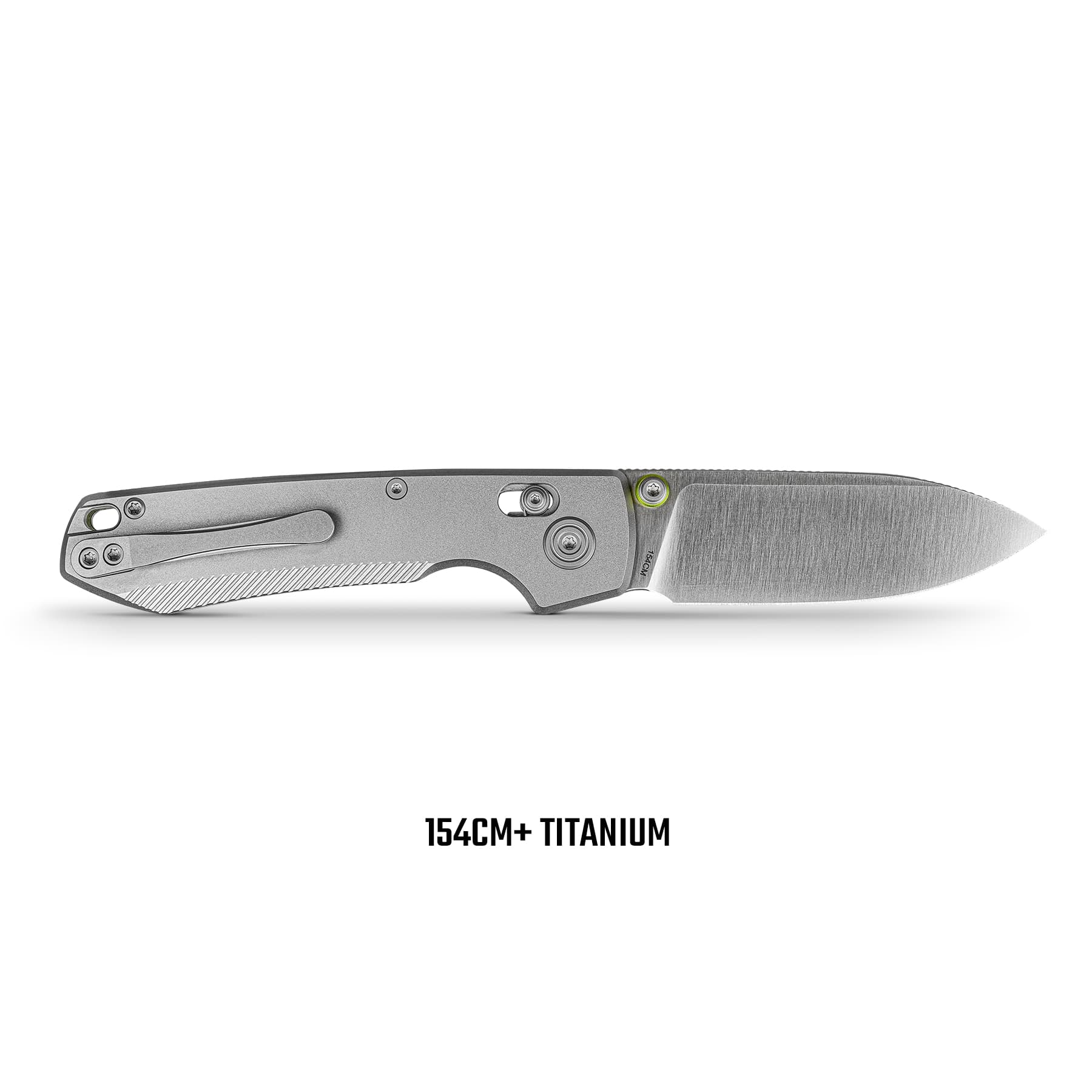 Close-up side view of a folding knife with a gray titanium handle and partially deployed blade, captioned '154CM+ TITANIUM' beneath.