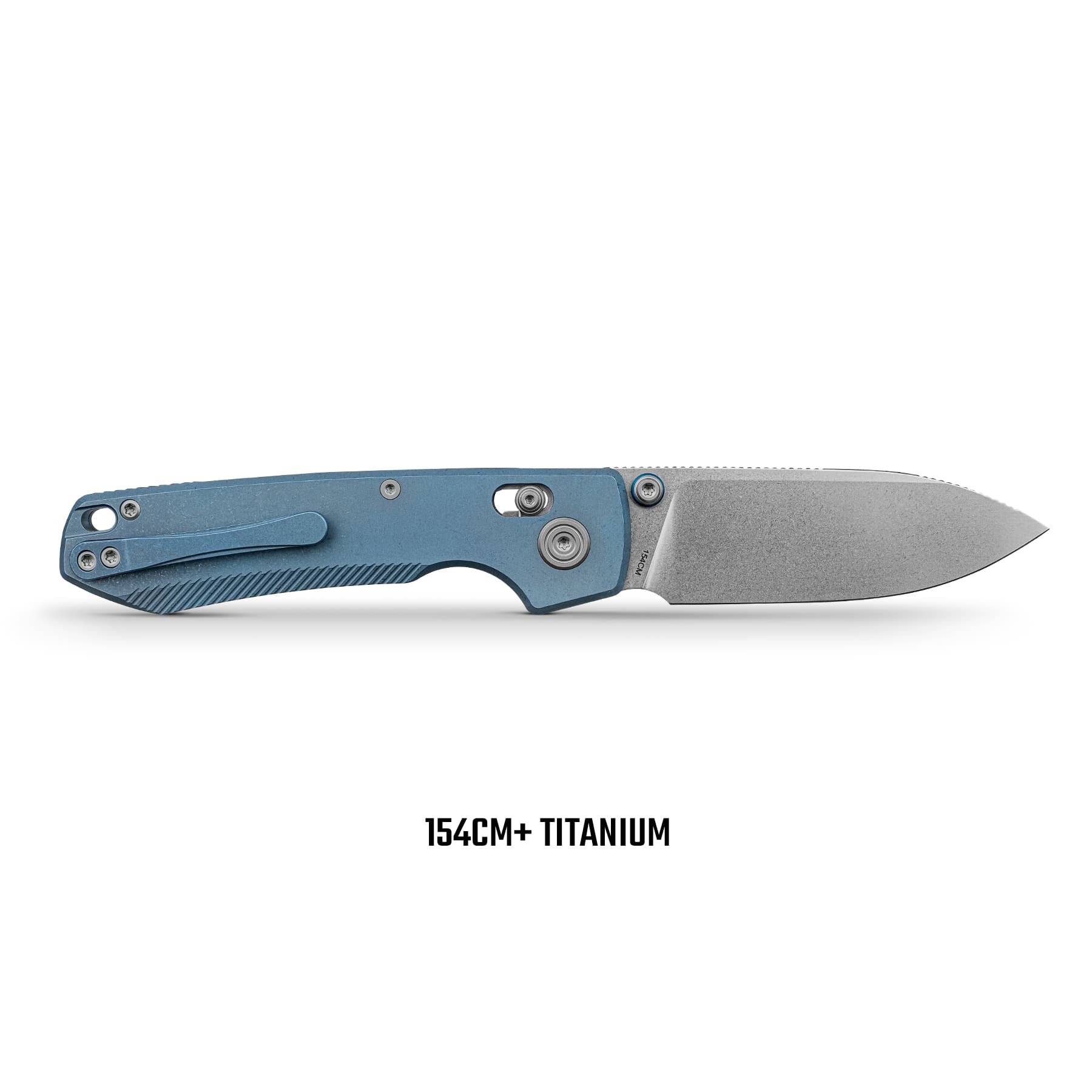 Close-up of a blue titanium folding knife blade and handle edge visible along the bottom of the frame, with '154CM+ TITANIUM' text beneath.