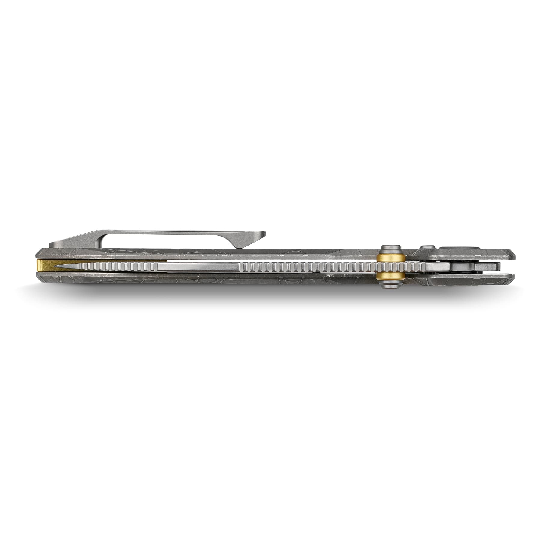 Close-up side view of a silver folding multitool with textured handles and gold-toned pivots against a white background