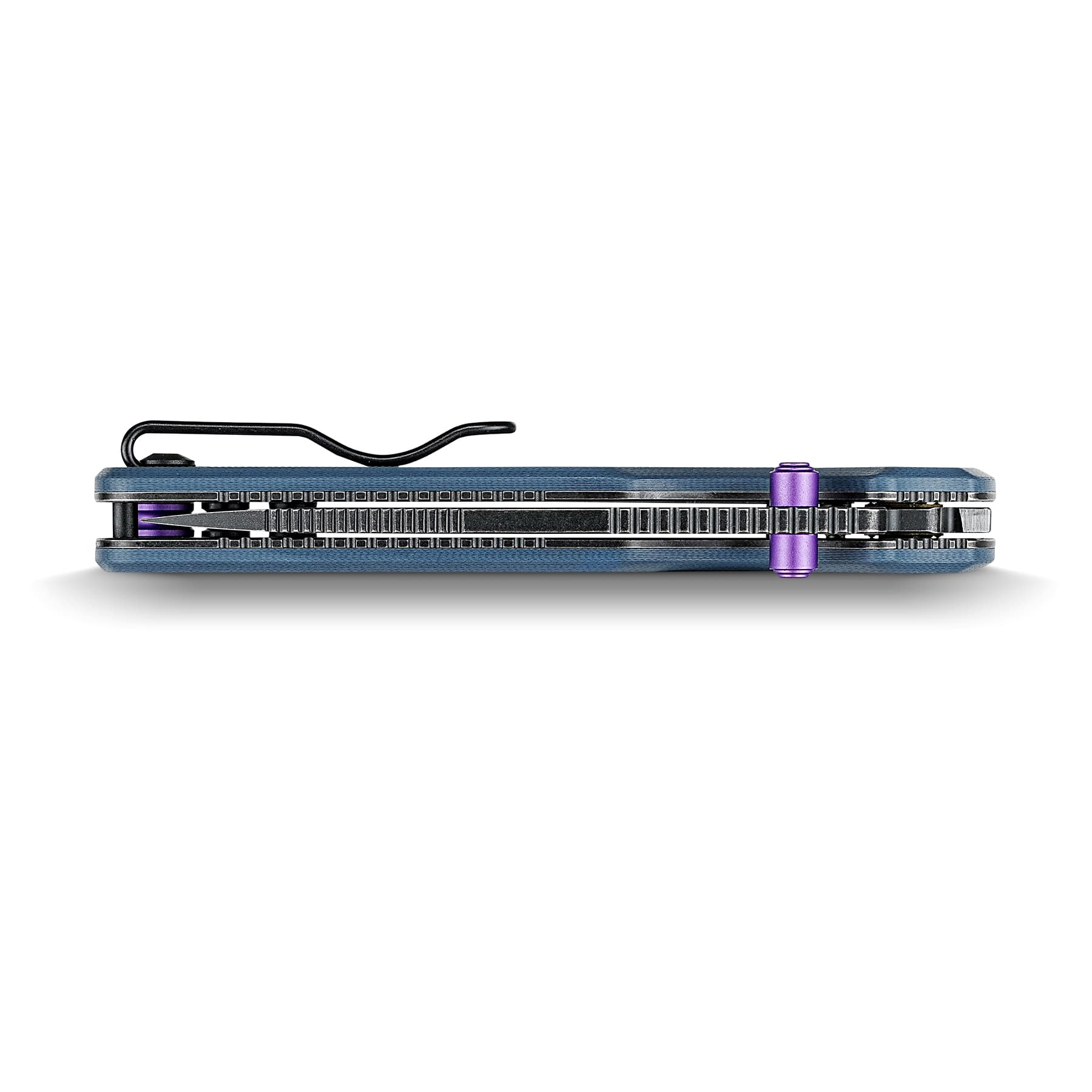 Close-up of a blue electronic device edge with a black cable and a purple knob on the right against a white background.