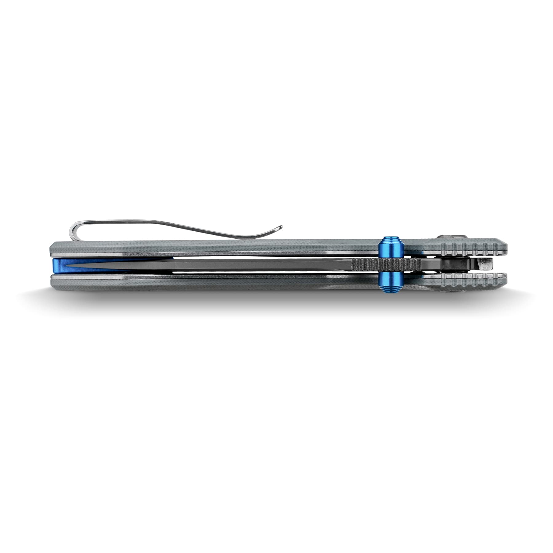 Close-up of a metal precision tool with a blue knurled adjustment knob and textured gray body on a white background