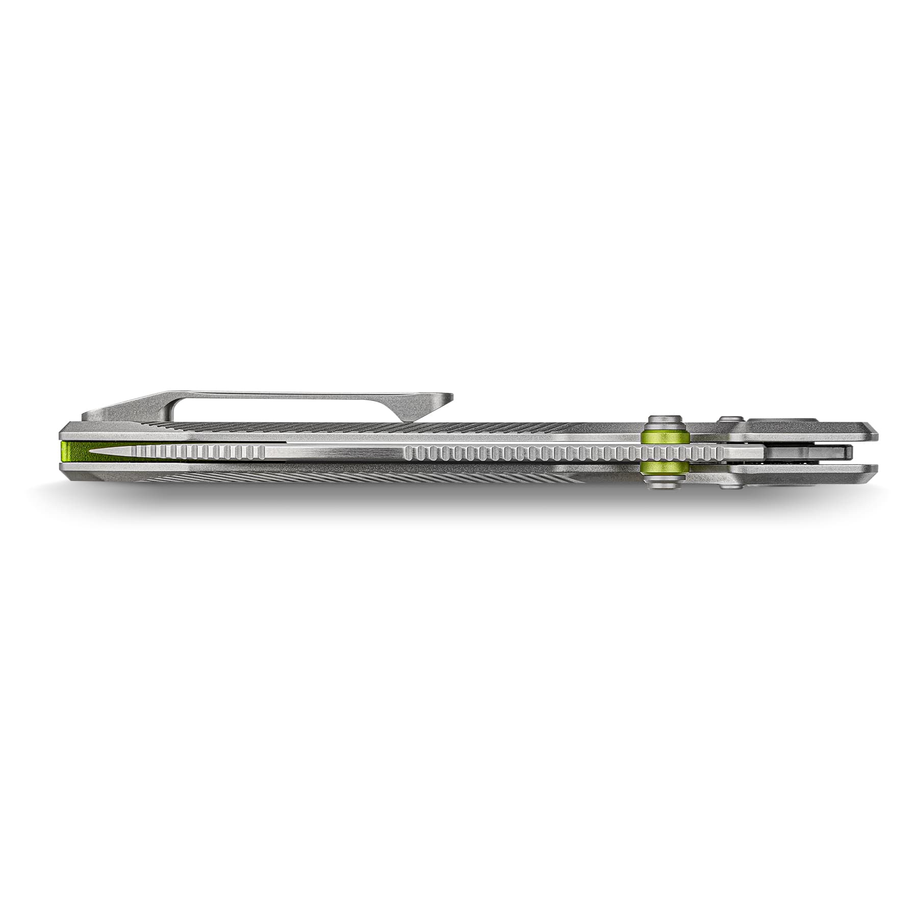 Side view of a silver electronic device with lime-green accent on the edge and textured grip.