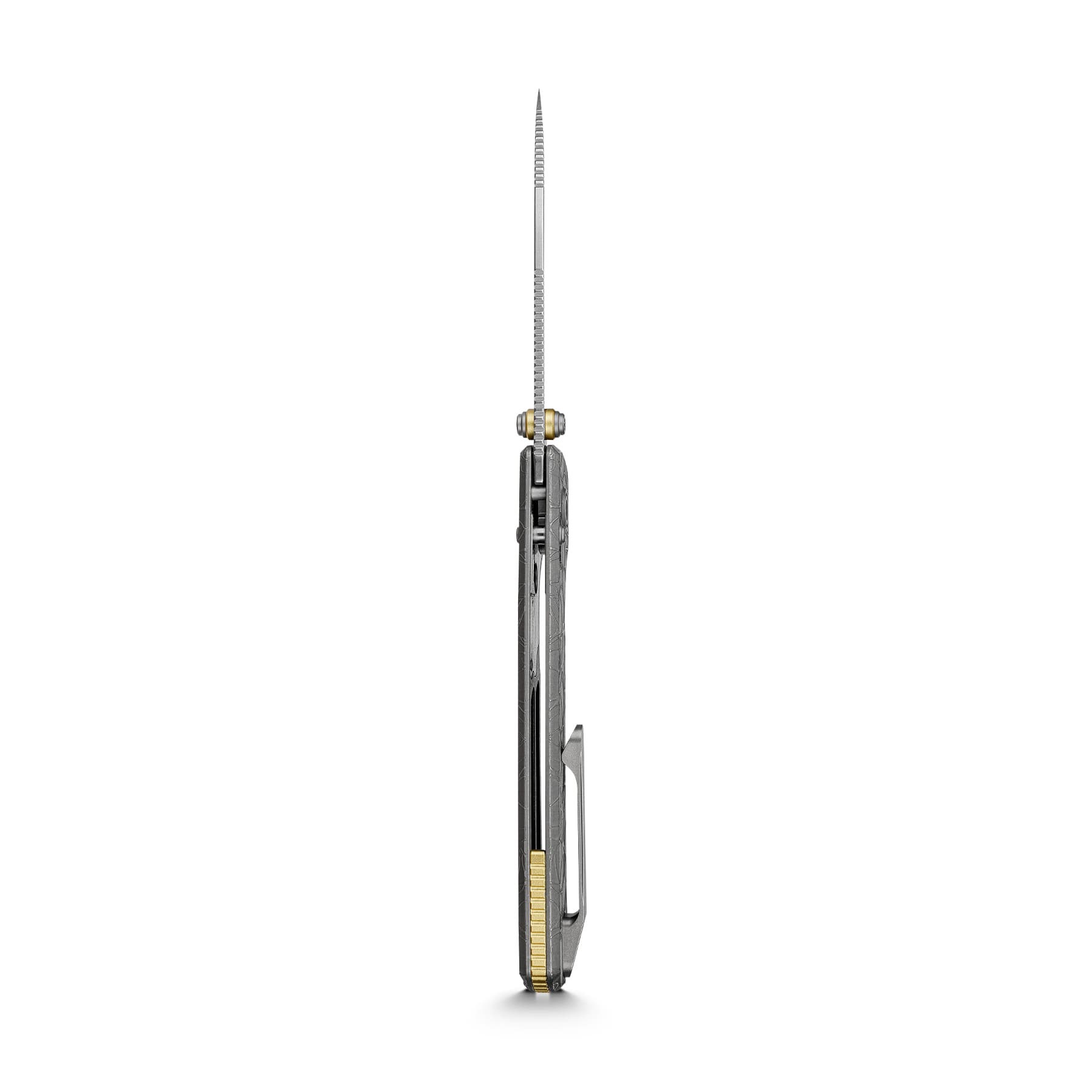 Vertical close-up of a utility knife with a long, segmented metal blade fully extended upward from a dark handle and gold-toned clamp at the base.