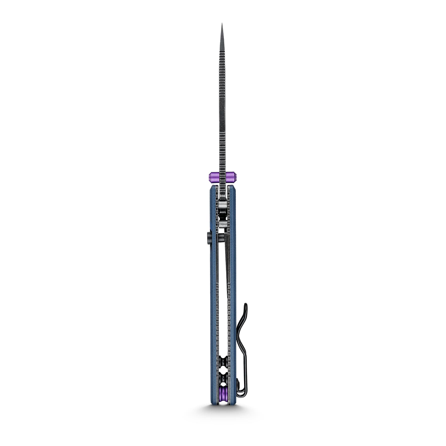 Tall, slender mechanical device with a pointed tip and chain-like segments along the shaft, blue side supports, a purple connector near the base, and a black cord trailing down.