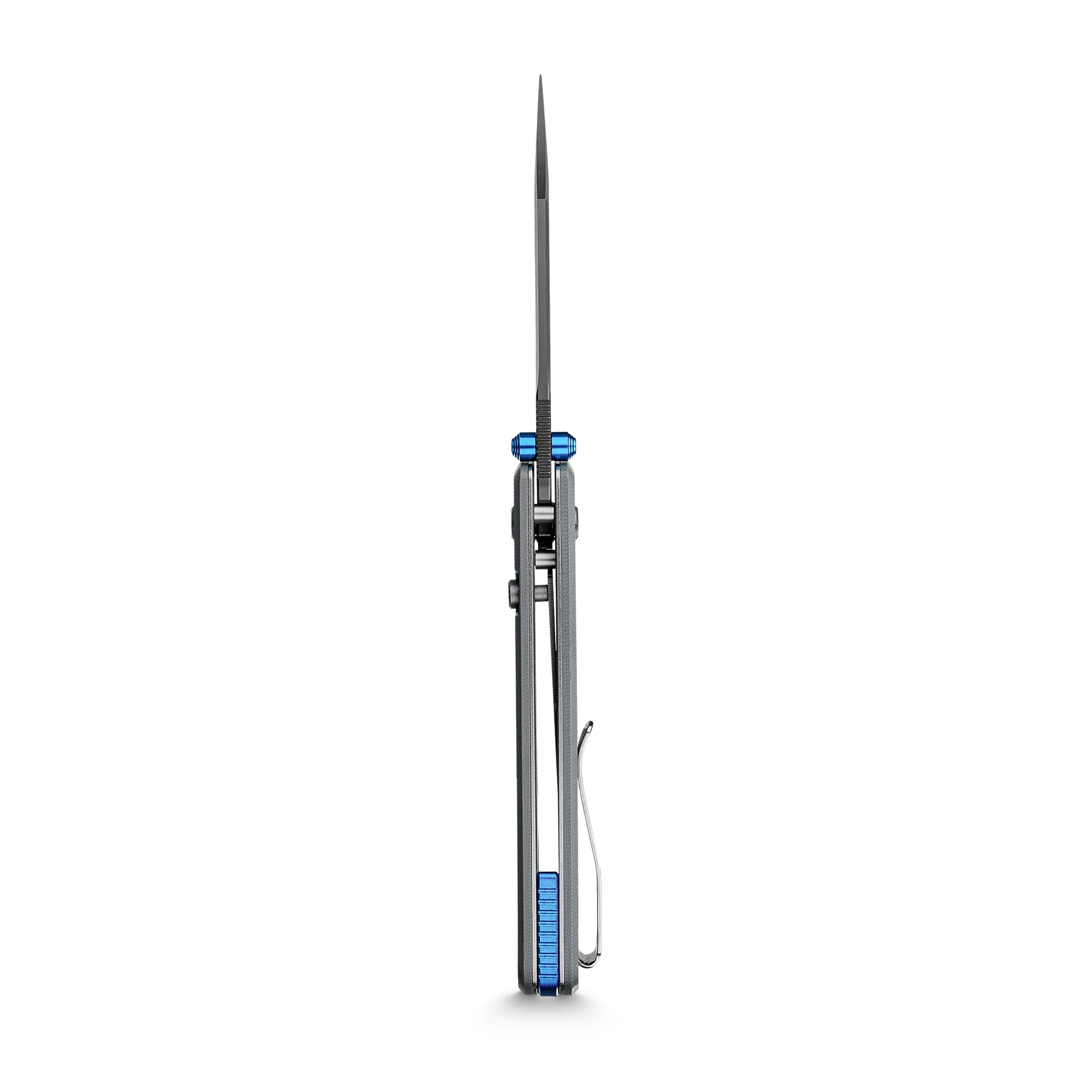 Open folding pocket knife held upright with the blade extended straight upward; blue accents near the handle.