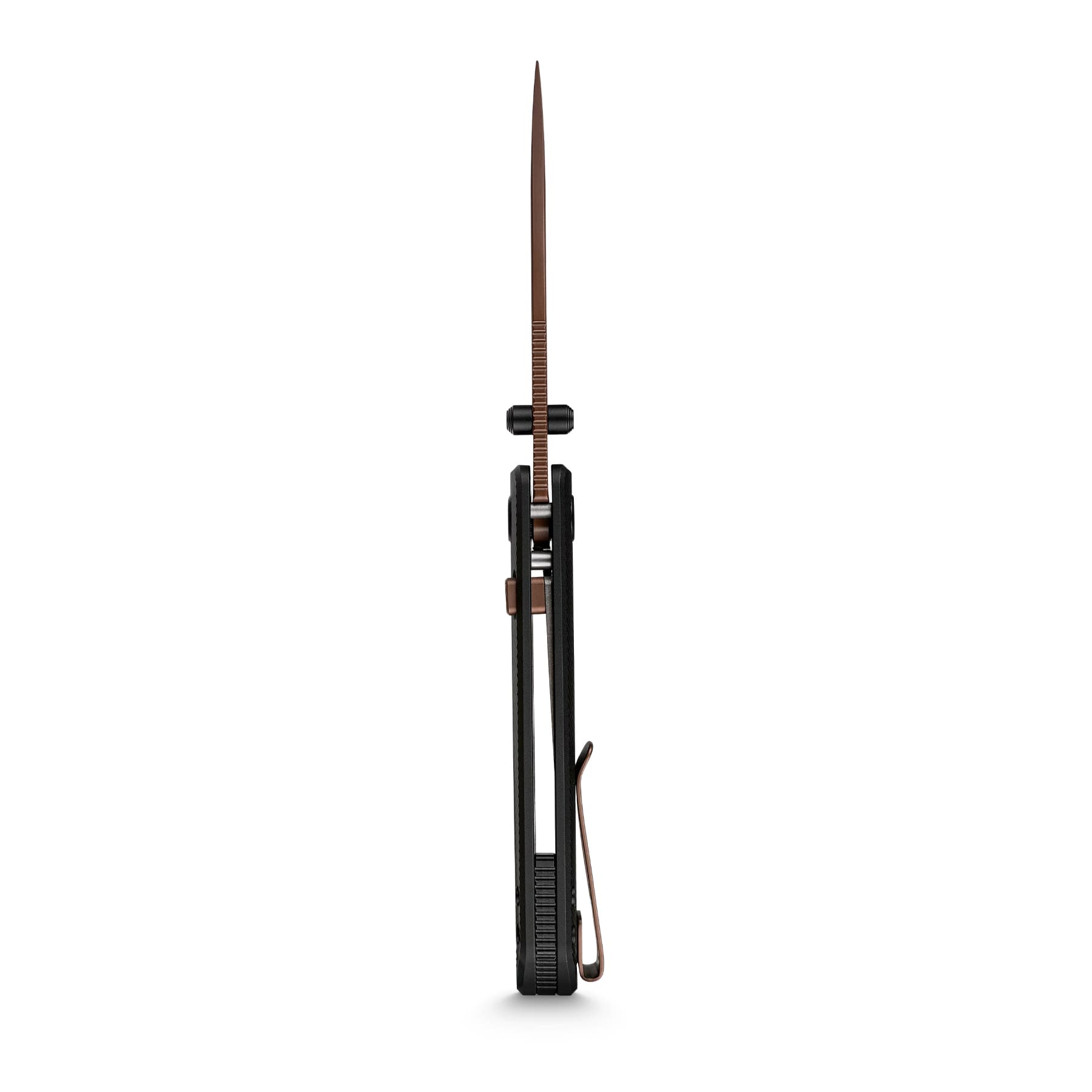 Brown dagger-like blade standing upright, mounted on a black stand against a white background.