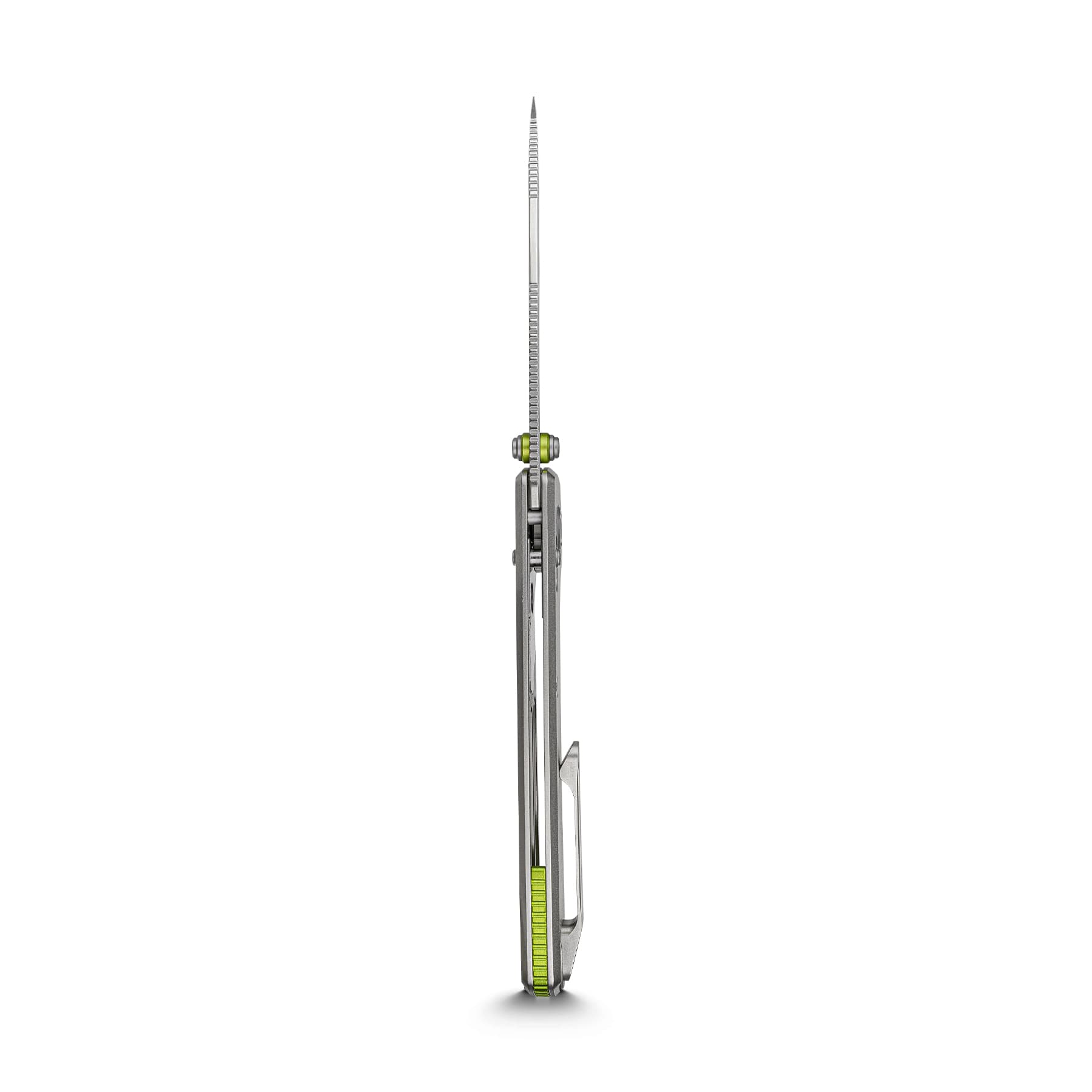 Tall, slender metal tool with a serrated edge running along its length and yellow measurement markings at the base, upright on a white background.