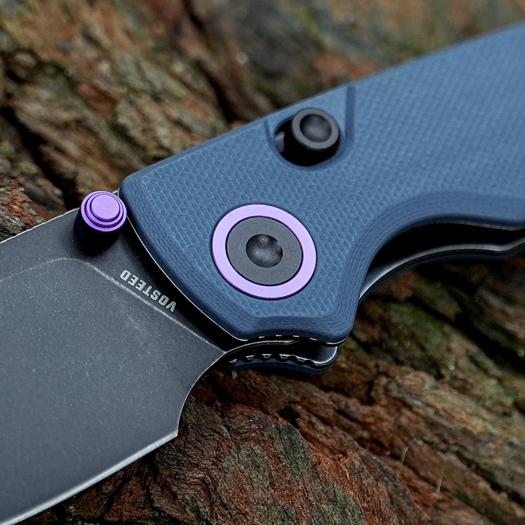 Close-up of a blue textured hinge with purple bolts on a dark tool, resting on a tree trunk outdoors.