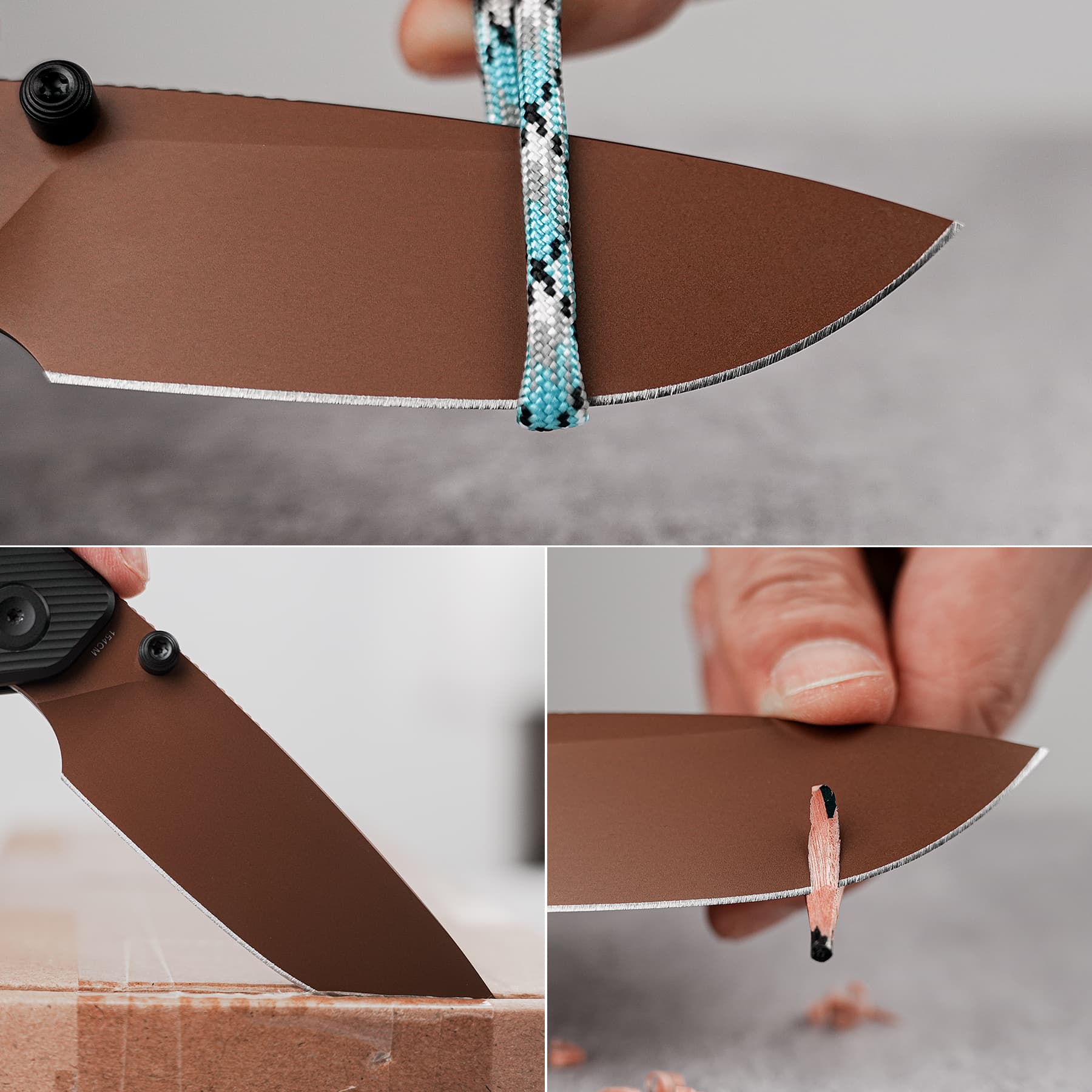 Close-up collage of a saw cutting wood: serrated blade against a brown plank with wood shavings nearby, in a workshop setting.
